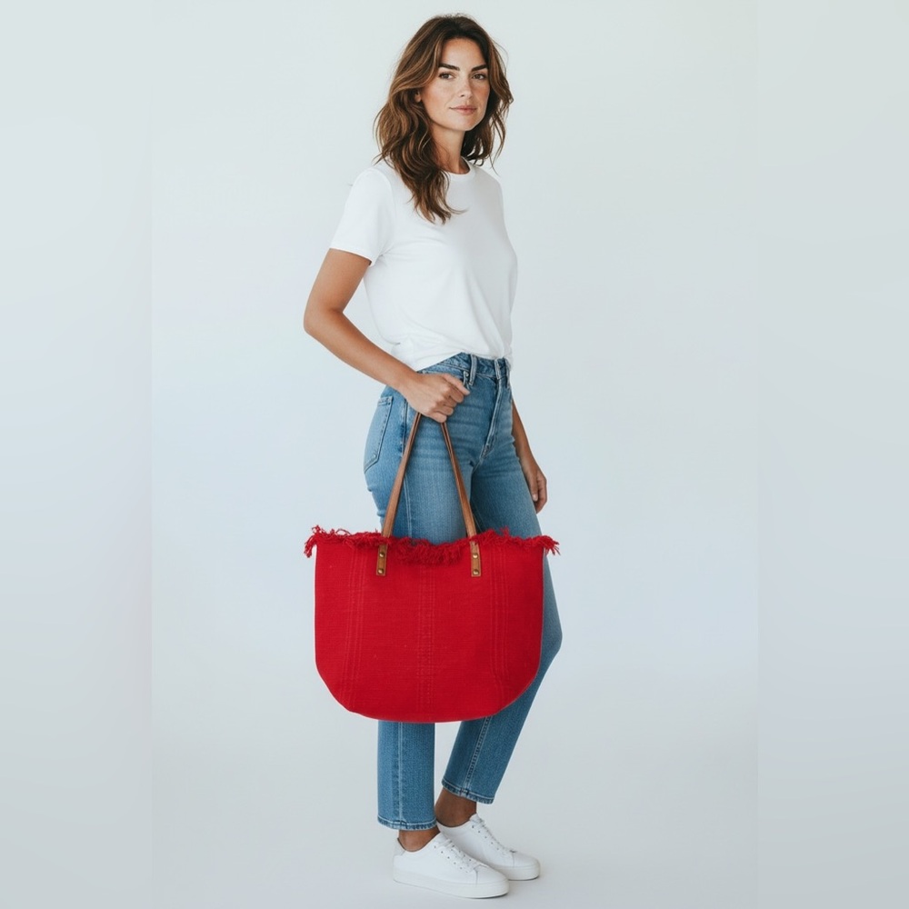 SCARLET FRINGE RED CANVAS TOTE BAG - Picture 5 of 7